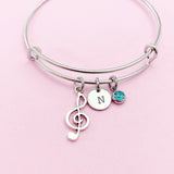Treble Clef Bracelet, Silver Music Note Charm, Personalized Initial Bangle