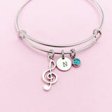Treble Clef Bracelet, Silver Music Note Charm, Personalized Initial Bangle