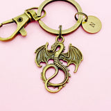 Bronze Dragon Keychain, Initial Charm, Personalized Keyring