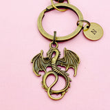 Bronze Dragon Keychain, Initial Charm, Personalized Keyring