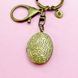 Bronze Flower Locket Keychain, Keepsake Photo Frame, Personalized Initial Keychain, N4918