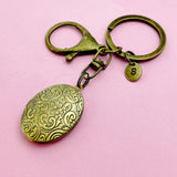 Bronze Flower Locket Keychain, Keepsake Photo Frame, Personalized Initial Keychain, N4918