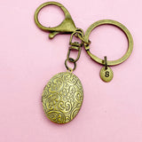 Bronze Flower Locket Keychain, Keepsake Photo Frame, Personalized Initial Keychain, N4918