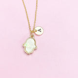 Gold Hamsa Necklace, Hamsa Charm, White Imitation Opal Charm, Personalized Gift, N1484