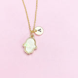 Gold Hamsa Necklace, White Opal Charm, Personalized Initial Necklace
