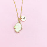 Gold Hamsa Necklace, White Opal Charm, Personalized Initial Necklace