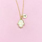 Gold Hamsa Necklace, White Opal Charm, Personalized Initial Necklace