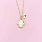 Gold Hamsa Necklace, Hamsa Charm, White Imitation Opal Charm, Personalized Gift, N1484