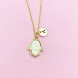 Gold Hamsa Necklace, White Opal Charm, Personalized Initial Necklace