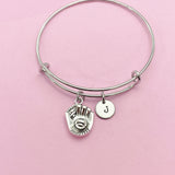 Baseball Glove Charm Bracelet, Initial Bangle, Sports Gift