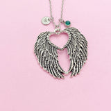 Guardian Angel Wing Necklace, Initial Charm, Silver Feather Charm
