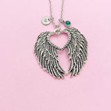 Guardian Angel Wing Necklace, Initial Charm, Silver Feather Charm