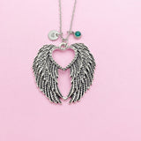 Guardian Angel Wing Necklace, Initial Charm, Silver Feather Charm