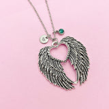 Guardian Angel Wing Necklace, Initial Charm, Silver Feather Charm