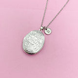 Silver Flower Locket Necklace, Keepsake Photo Charm, Initial Necklace