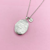Silver Flower Locket Necklace, Keepsake Photo Charm, Initial Necklace