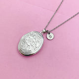 Silver Flower Locket Necklace, Keepsake Photo Charm, Initial Necklace
