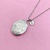 Silver Flower Locket Necklace, Keepsake Photo Charm, Initial Necklace