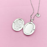 Silver Flower Locket Necklace, Keepsake Photo Charm, Initial Necklace