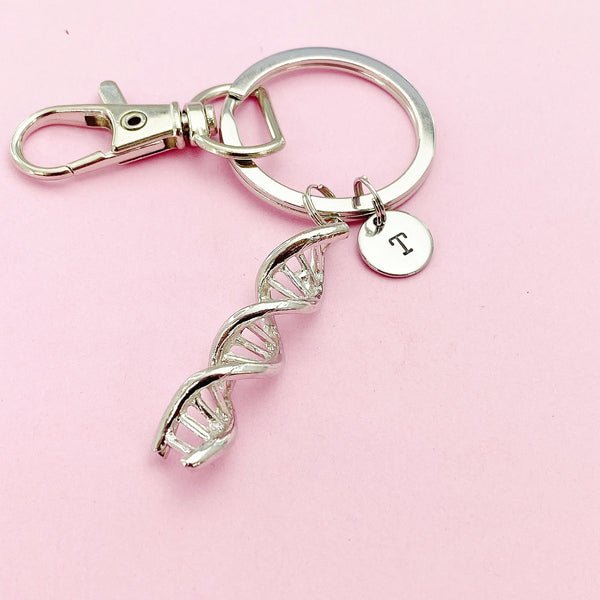 Silver DNA Charm Keychain, Double Helix Charm, Science Gift, Teacher Gifts, N1238