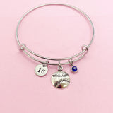 Softball Charm Bangle Bracelet, Initial & Birthstone, Silver Tone