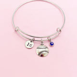 Softball Charm Bangle Bracelet, Initial & Birthstone, Silver Tone