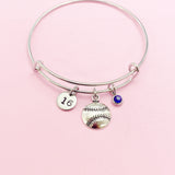 Softball Charm Bangle Bracelet, Initial & Birthstone, Silver Tone