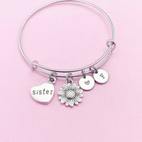 Silver Sister Bracelet, Sunflower Charm, Sister Charm, Heart Charm Bracelet, Sister Gift, Personalized Gift, AN270