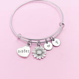 Sunflower Sister Charm Bangle Bracelet, Personalized Initial