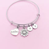 Sunflower Sister Charm Bangle Bracelet, Personalized Initial