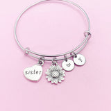 Sunflower Sister Charm Bangle Bracelet, Personalized Initial
