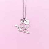 Crane Necklace, Origami Bird Charm, Personalized Initial, Silver Tone