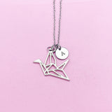 Crane Necklace, Origami Bird Charm, Personalized Initial, Silver Tone