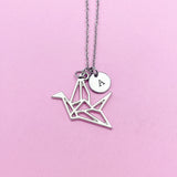 Crane Necklace, Origami Bird Charm, Personalized Initial, Silver Tone