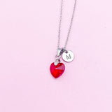 Red Garnet Heart Necklace, Initial Charm, Stainless Steel