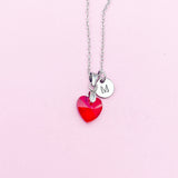 Red Garnet Heart Necklace, Initial Charm, Stainless Steel