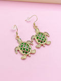 Gold Turtle Charm Earrings, Green Enamel, Rhinestone Animal Jewelry