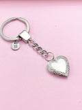 Silver Heart Flower Locket Pendant Keychain, Love, Keepsake Photo Frame Charm, Stainless Steel Initial Keychain, AN4928