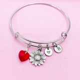 Red Heart Sunflower Charm Bracelet in Silver, Heart Birthstone Color in Option, N5588
