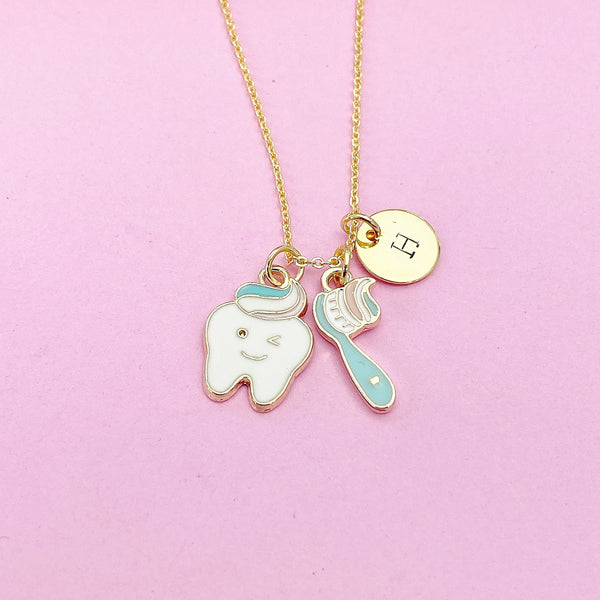 Dentist Necklace, Cute Toothbrush Tooth Molar Necklace Gifts, DH DA Best Graduation Gift, Birthday Gifts, Personalized Initial Gift, N4352