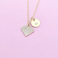 Gold Diamond Charm Necklace, Gold Diamond Shaped Charm, Pink Rose Diamond Charm, Geometric Jewelry, Personalized Gift, Christmas Gift, N606