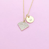 Gold Diamond Charm Necklace, Gold Diamond Shaped Charm, Pink Rose Diamond Charm, Geometric Jewelry, Personalized Gift, Christmas Gift, N606