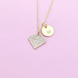 Gold Diamond Charm Necklace, Gold Diamond Shaped Charm, Pink Rose Diamond Charm, Geometric Jewelry, Personalized Gift, Christmas Gift, N606