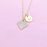 Gold Diamond Charm Necklace, Gold Diamond Shaped Charm, Pink Rose Diamond Charm, Geometric Jewelry, Personalized Gift, Christmas Gift, N606