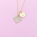 Gold Diamond Charm Necklace, Gold Diamond Shaped Charm, Pink Rose Diamond Charm, Geometric Jewelry, Personalized Gift, Christmas Gift, N606