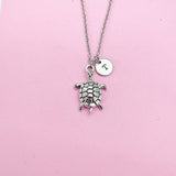 Turtle Charm Necklace, Personalized Initial, Silver Tone