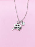 Camper Trailer Necklace, Personalized Initial Charm, Stainless Steel Chain