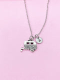 Camper Trailer Necklace, Personalized Initial Charm, Stainless Steel Chain