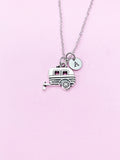 Camper Trailer Necklace, Personalized Initial Charm, Stainless Steel Chain