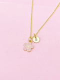 Gold Cherry Blossom Charm Necklace, Pink Japanese Peach Blossom Flower, N2192